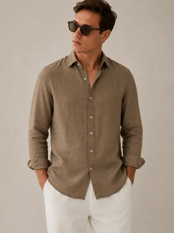 100_Pure_Linen_Taupe_Brown_Shirt