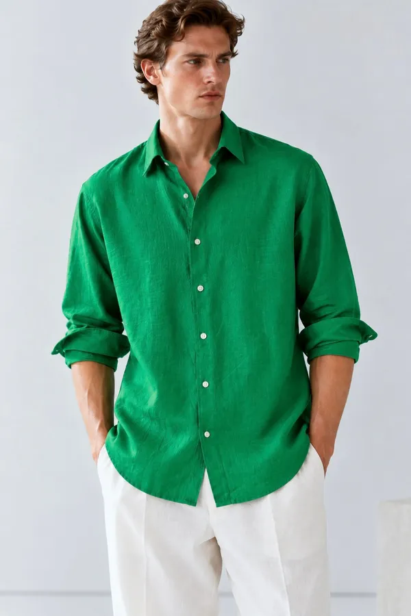 100_Pure_Linen_Green_Shirt