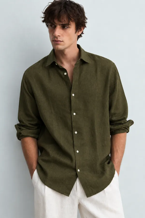 100_Pure_Linen_Dark_Olive_Shirt