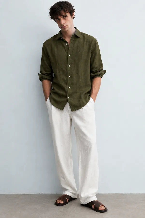 100_Pure_Linen_Dark_Olive_Shirt