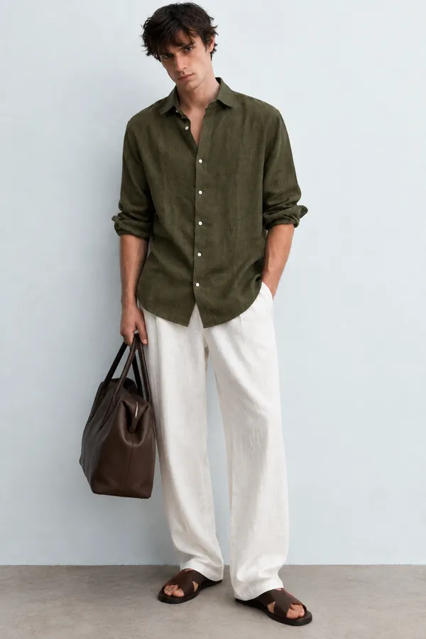100_Pure_Linen_Dark_Olive_Shirt