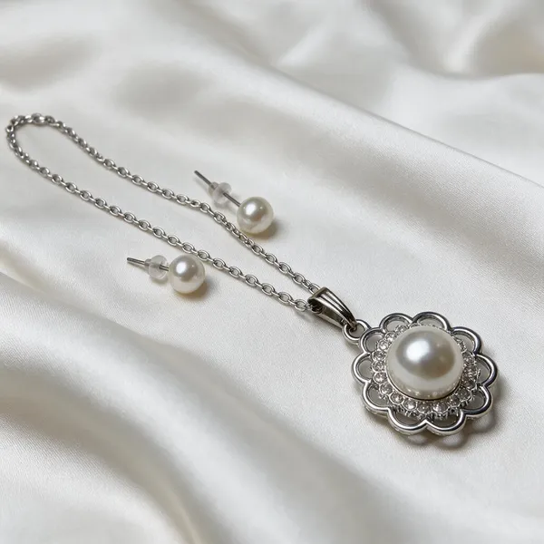 Silver_Tone_Pearl_Floral_Necklace_And_Earrings_Set