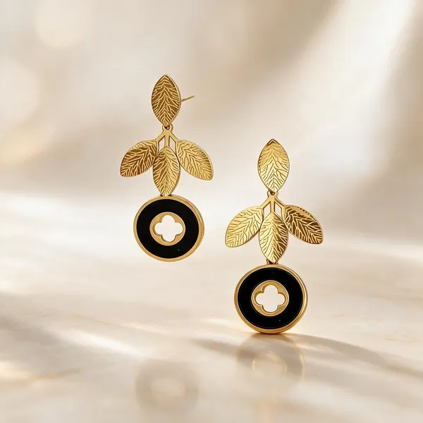Gold_Metal_Alloy_Leaf_Black_Circular_Drop_Earrings_For_Women