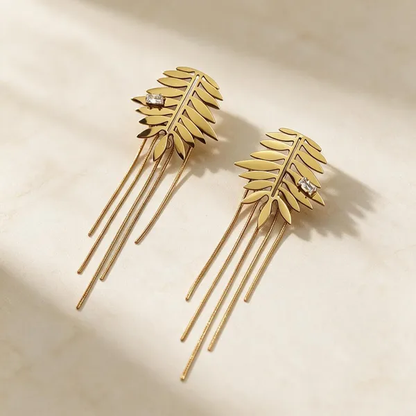 Gold_Metal_Alloy_Leaf_Chain_Tassel_Long_Drop_Earrings_For_Women