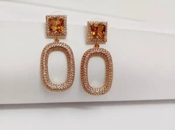 Gold_Metal_Alloy_Amber_Square_Stud_Oval_Drop_Earrings_For_Women