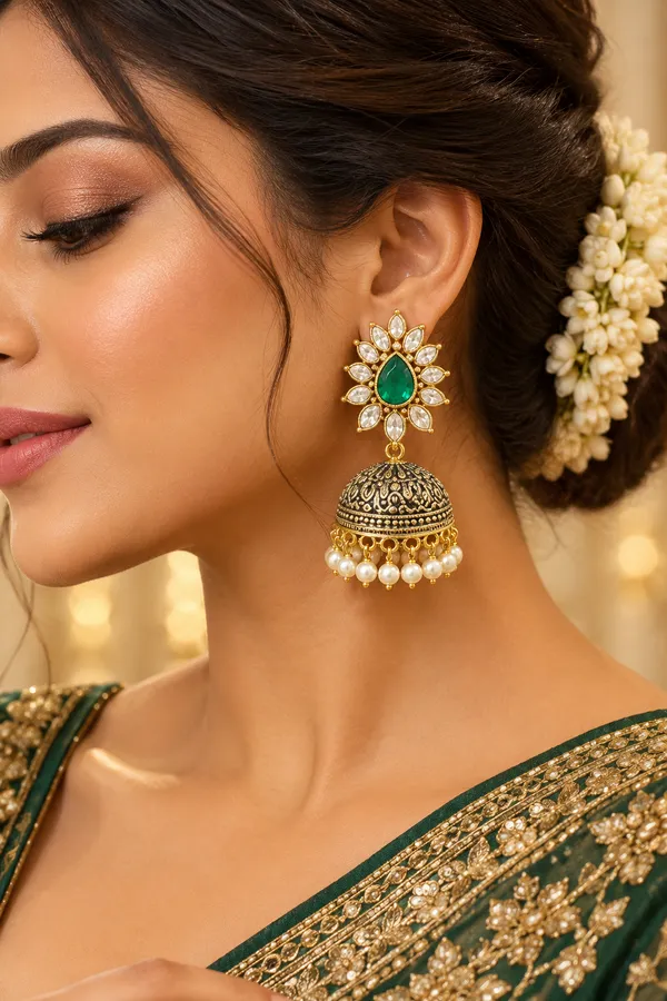 Gold_Metal_Alloy_Jhumka_Pearl_Floral_Green_Stone_Drop_Earrings_For_Women