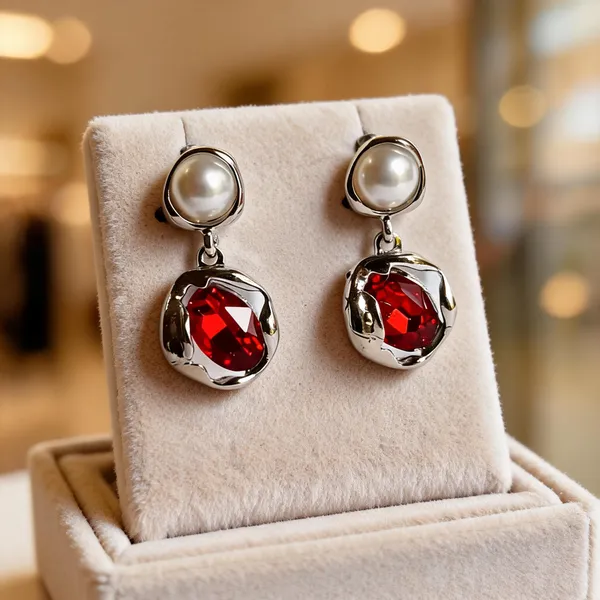 Silver_Metal_Alloy_Pearl_Red_Stone_Drop_Earrings_For_Women