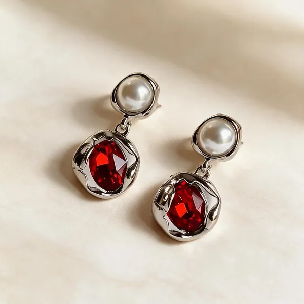 Silver_Metal_Alloy_Pearl_Red_Stone_Drop_Earrings_For_Women