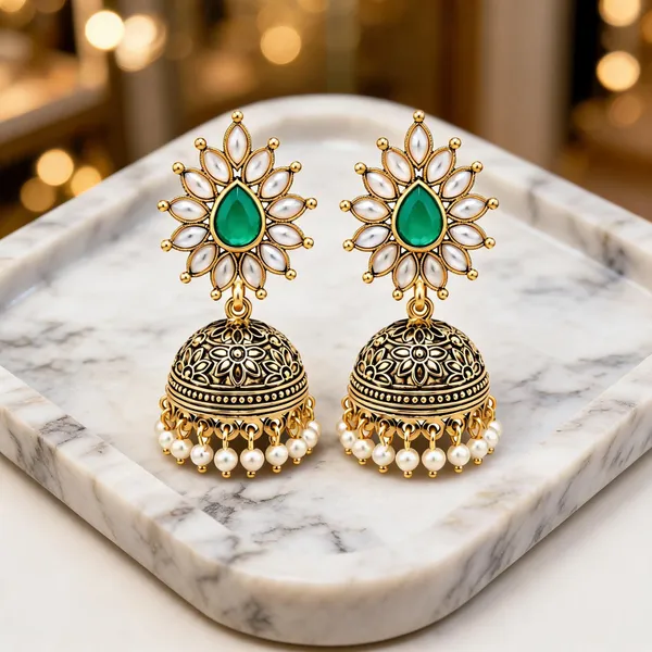 Gold_Metal_Alloy_Jhumka_Pearl_Floral_Green_Stone_Drop_Earrings_For_Women
