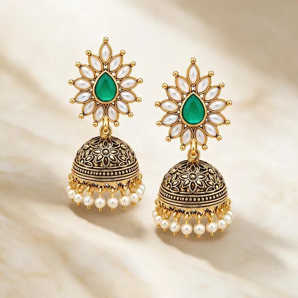 Gold_Metal_Alloy_Jhumka_Pearl_Floral_Green_Stone_Drop_Earrings_For_Women