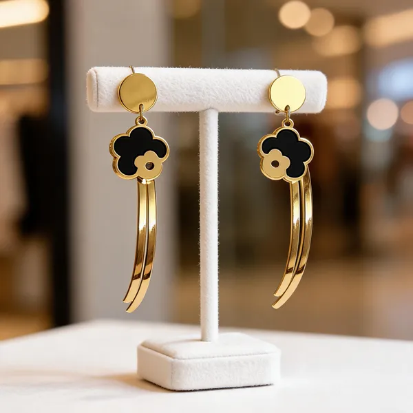 Gold_Metal_Alloy_Black_Floral_Motif_Slender_Drop_Earrings_For_Women