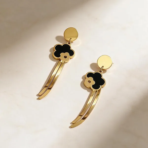 Gold_Metal_Alloy_Black_Floral_Motif_Slender_Drop_Earrings_For_Women