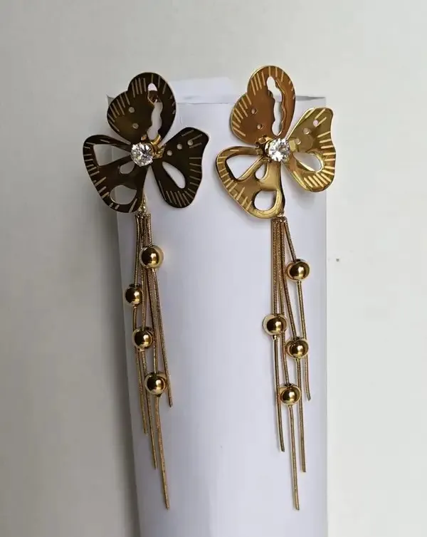 Gold_Black_Metal_Alloy_Floral_Chain_Bead_Long_Drop_Earrings_For_Women