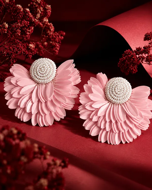 White_And_Pink_Handicraft_Floral_Petal_Drop_Earrings_For_Women