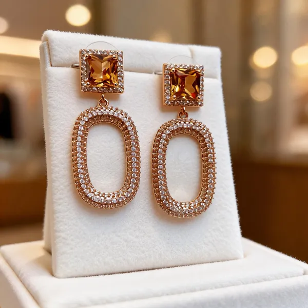Gold_Metal_Alloy_Amber_Square_Stud_Oval_Drop_Earrings_For_Women