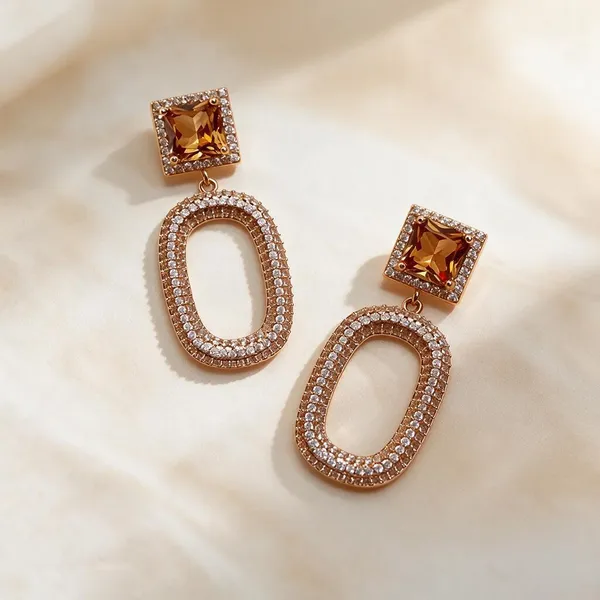 Gold_Metal_Alloy_Amber_Square_Stud_Oval_Drop_Earrings_For_Women