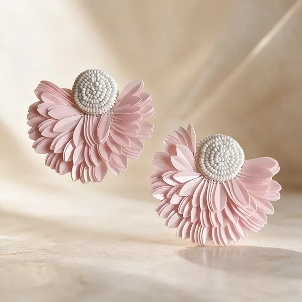 White_And_Pink_Handicraft_Floral_Petal_Drop_Earrings_For_Women
