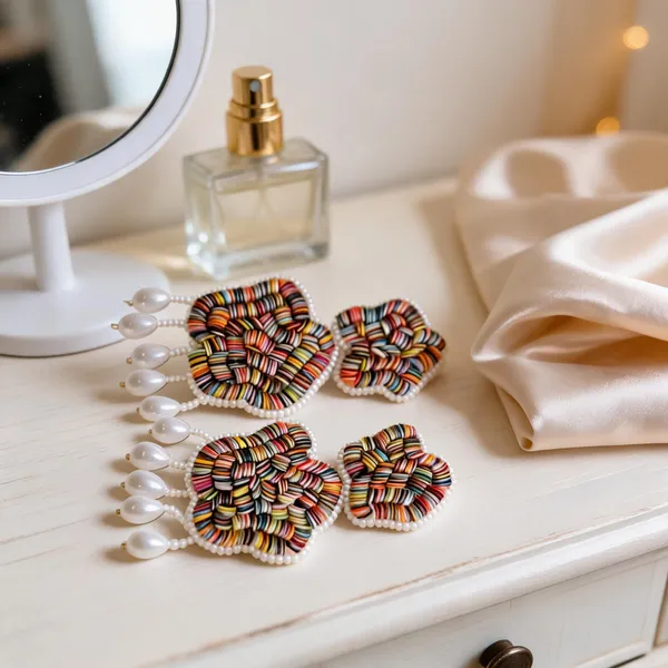 Multicolour_Handcraft_Woven_Textile_Teardrop_Drop_Earrings_For_Women