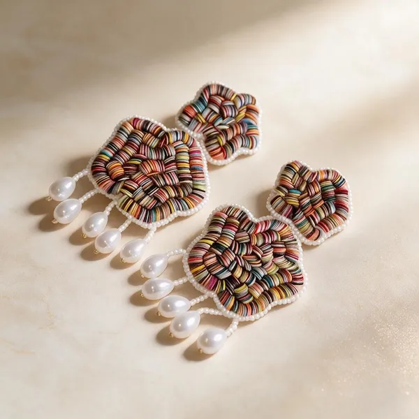 Multicolour_Handcraft_Woven_Textile_Teardrop_Drop_Earrings_For_Women