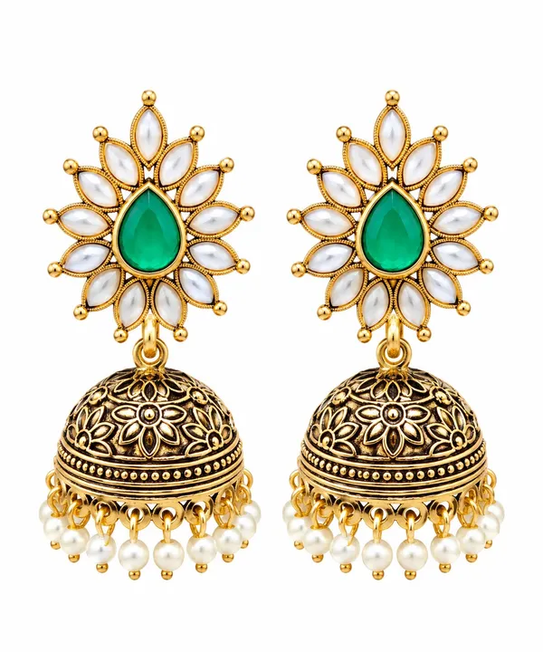 Gold_Metal_Alloy_Jhumka_Pearl_Floral_Green_Stone_Drop_Earrings_For_Women