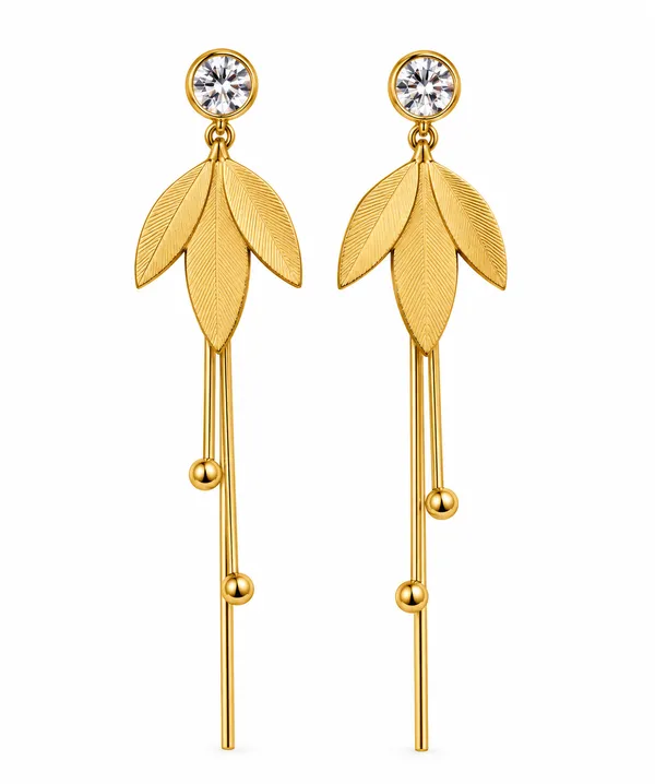 Gold_Metal_Alloy_Clear_Stone_Layered_Leaf_Chain_Drop_Earrings_For_Women