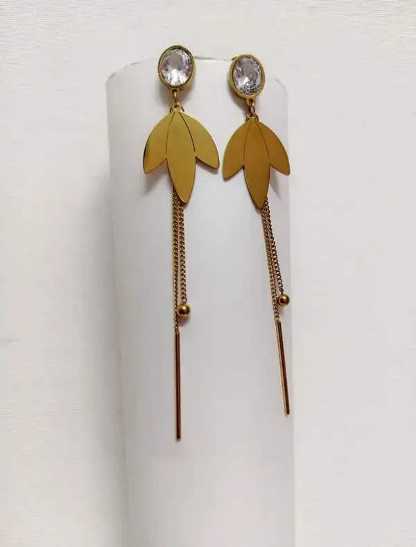 Gold_Metal_Alloy_Clear_Stone_Layered_Leaf_Chain_Drop_Earrings_For_Women