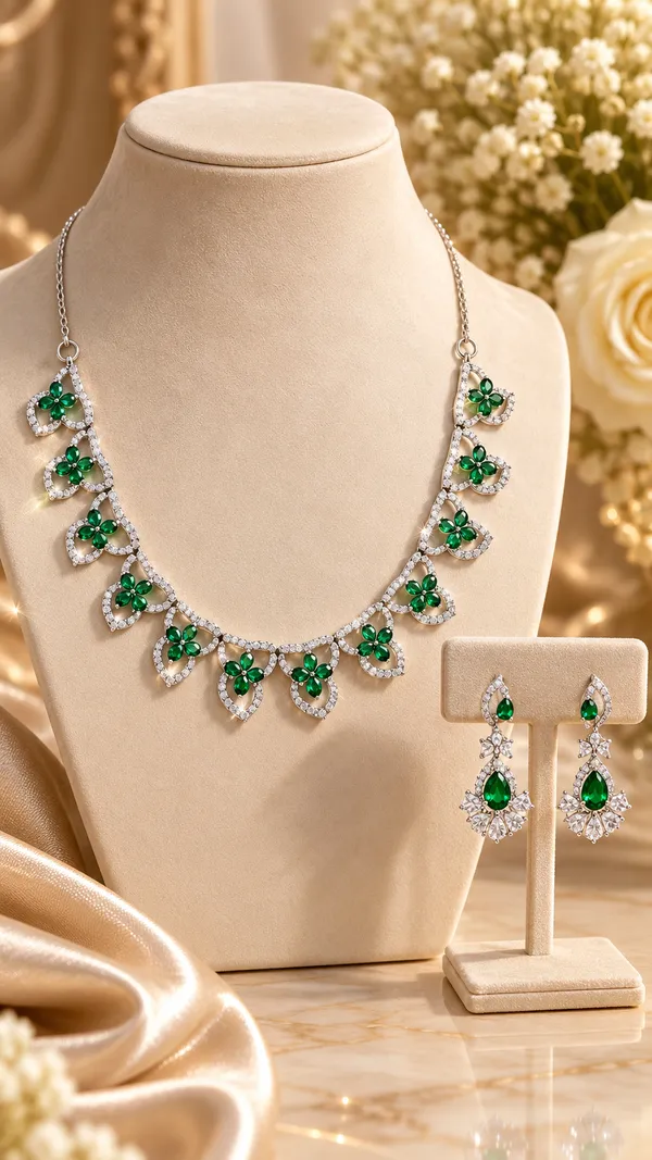 Green_Stone_Silver-Tone_Diamond_Necklace_with_Earrings