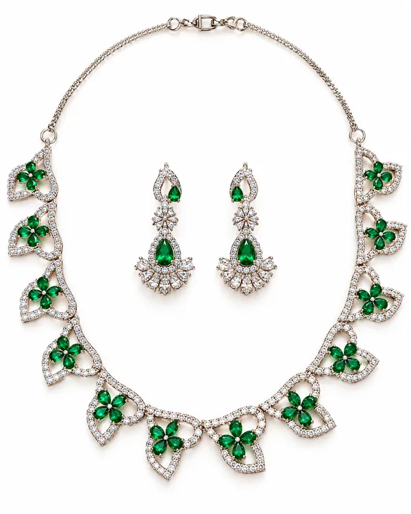 Green_Stone_Silver-Tone_Diamond_Necklace_with_Earrings