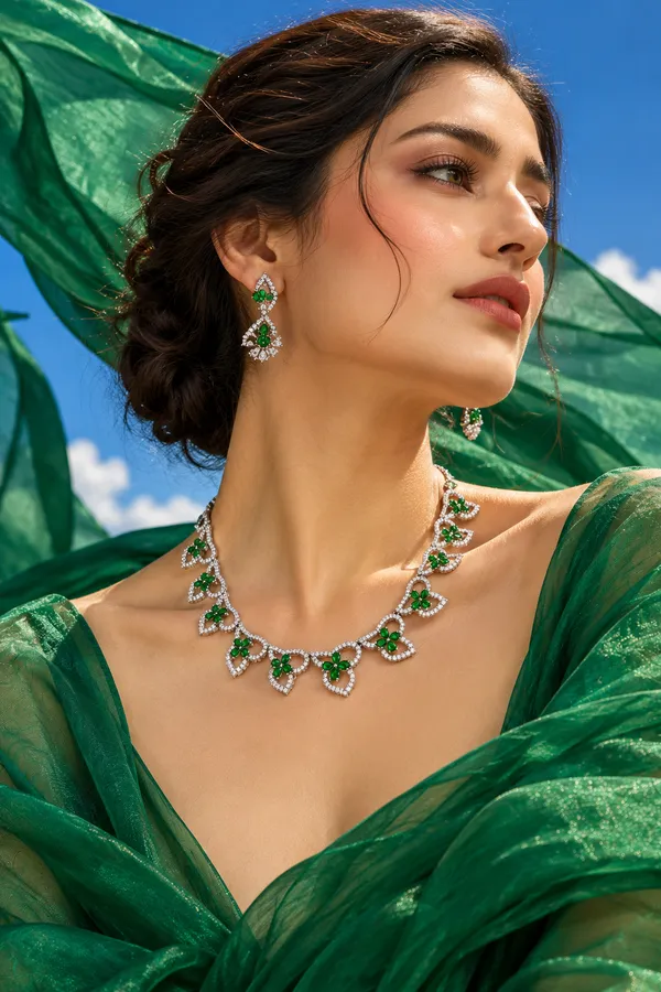 Green_Stone_Silver-Tone_Diamond_Necklace_with_Earrings