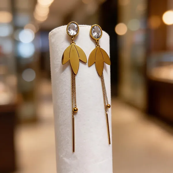 Gold_Metal_Alloy_Clear_Stone_Layered_Leaf_Chain_Drop_Earrings_For_Women