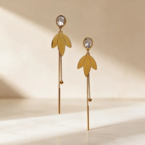 Gold_Metal_Alloy_Clear_Stone_Layered_Leaf_Chain_Drop_Earrings_For_Women