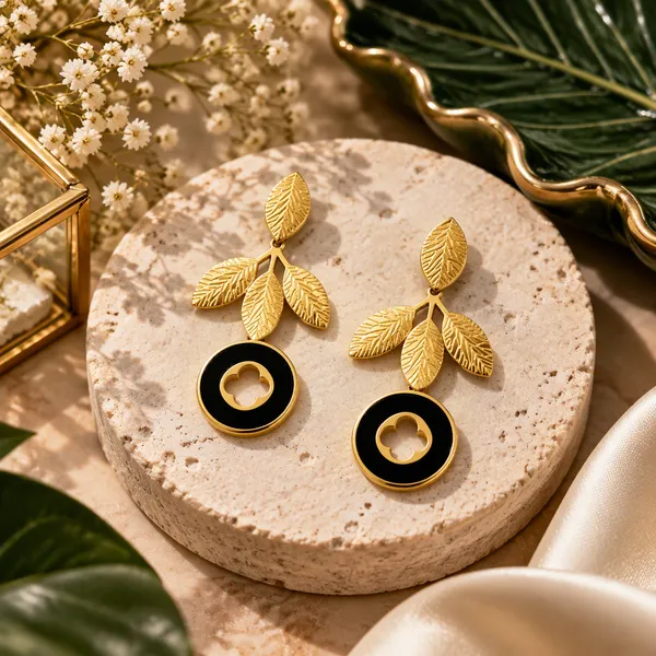 Gold_Metal_Alloy_Leaf_Black_Circular_Drop_Earrings_For_Women