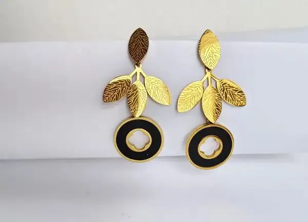 Gold_Metal_Alloy_Leaf_Black_Circular_Drop_Earrings_For_Women