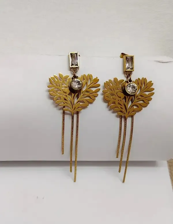 Gold_Metal_Alloy_Botanical_Leaf_Clear_Stone_Chain_Drop_Earrings_For_Women