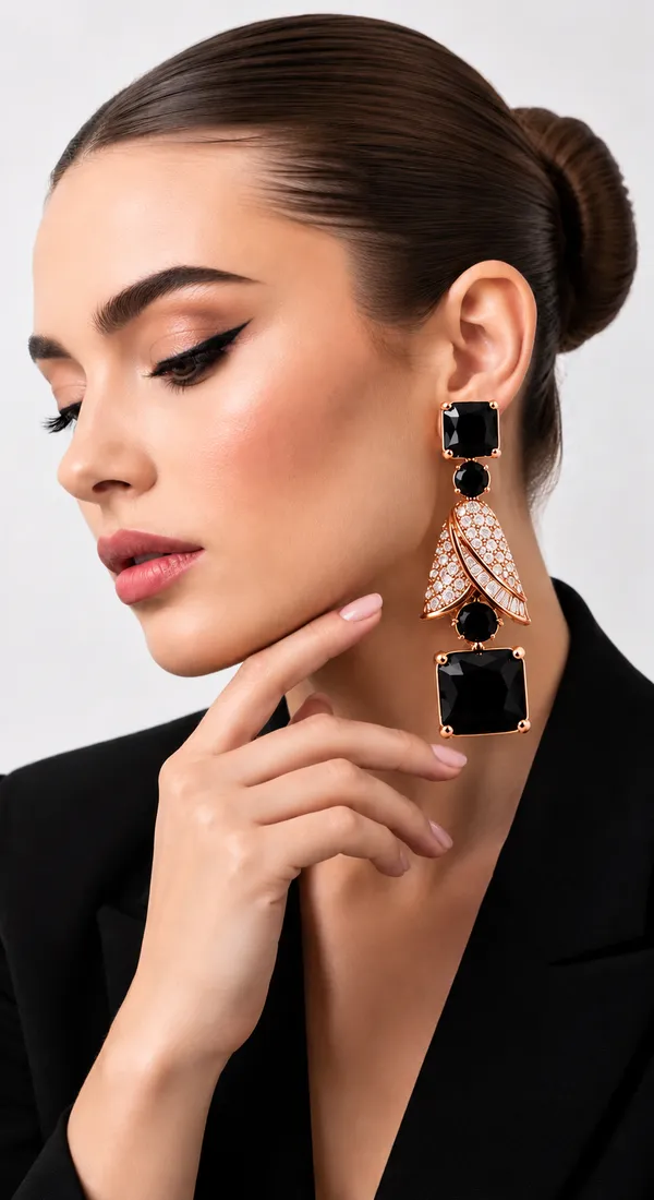 Gold_Metal_Alloy_Black_Stone_Fan_Drop_Earrings_For_Women