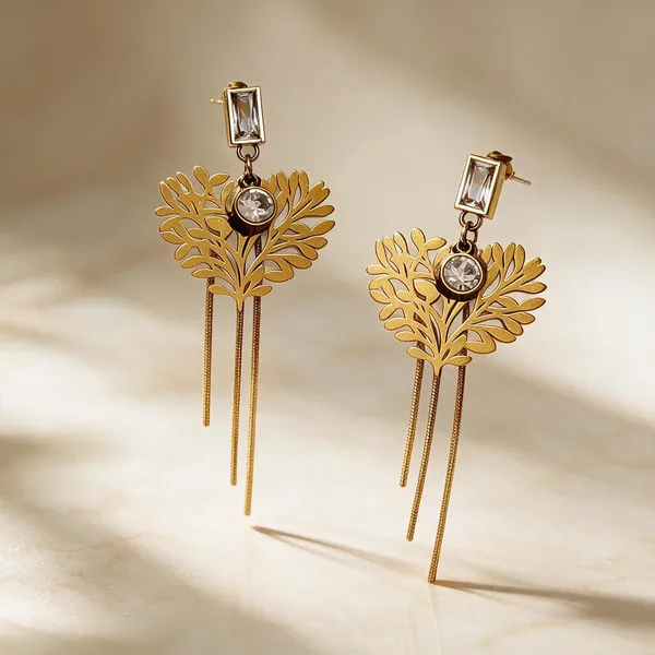 Gold_Metal_Alloy_Botanical_Leaf_Clear_Stone_Chain_Drop_Earrings_For_Women