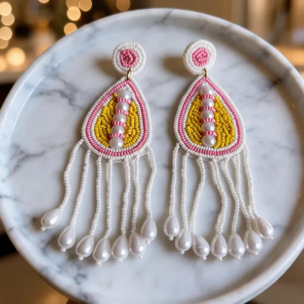White_Handcraft_Beaded_Teardrop_Floral_Drop_Earrings_For_Women