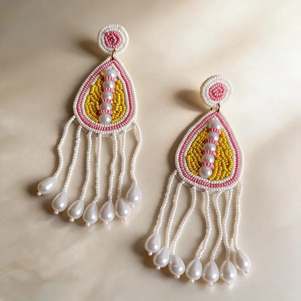 White_Handcraft_Beaded_Teardrop_Floral_Drop_Earrings_For_Women