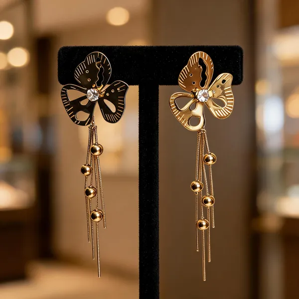 Gold_Black_Metal_Alloy_Floral_Chain_Bead_Long_Drop_Earrings_For_Women