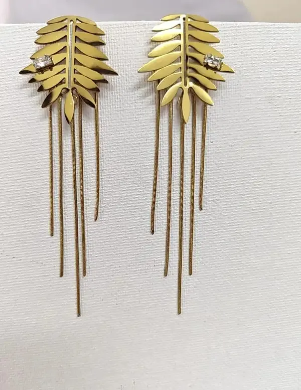 Gold_Metal_Alloy_Leaf_Chain_Tassel_Long_Drop_Earrings_For_Women