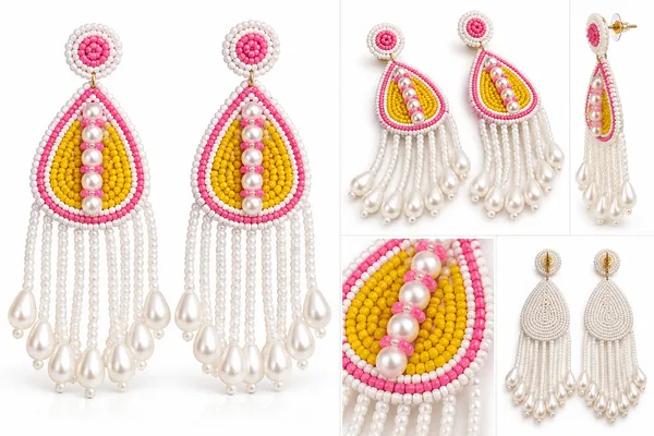 White_Handcraft_Beaded_Teardrop_Floral_Drop_Earrings_For_Women
