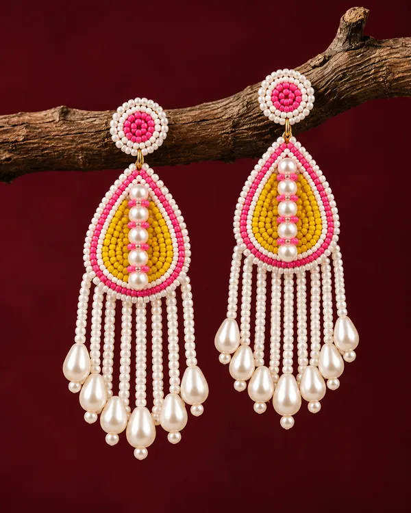 White_Handcraft_Beaded_Teardrop_Floral_Drop_Earrings_For_Women