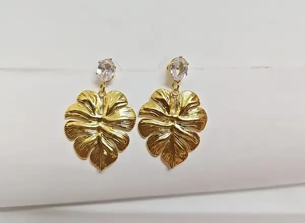 Gold_Metal_Alloy_Floral_Leaf_Textured_Drop_Earrings_For_Women