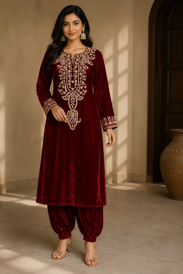 Maroon_Velvet_Embroidered_Straight_Kurta_Set_For_Women