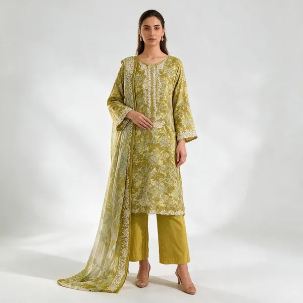 Olive_Green_Printed_Embroidered_Unstitched_Suit_Material_For_Women