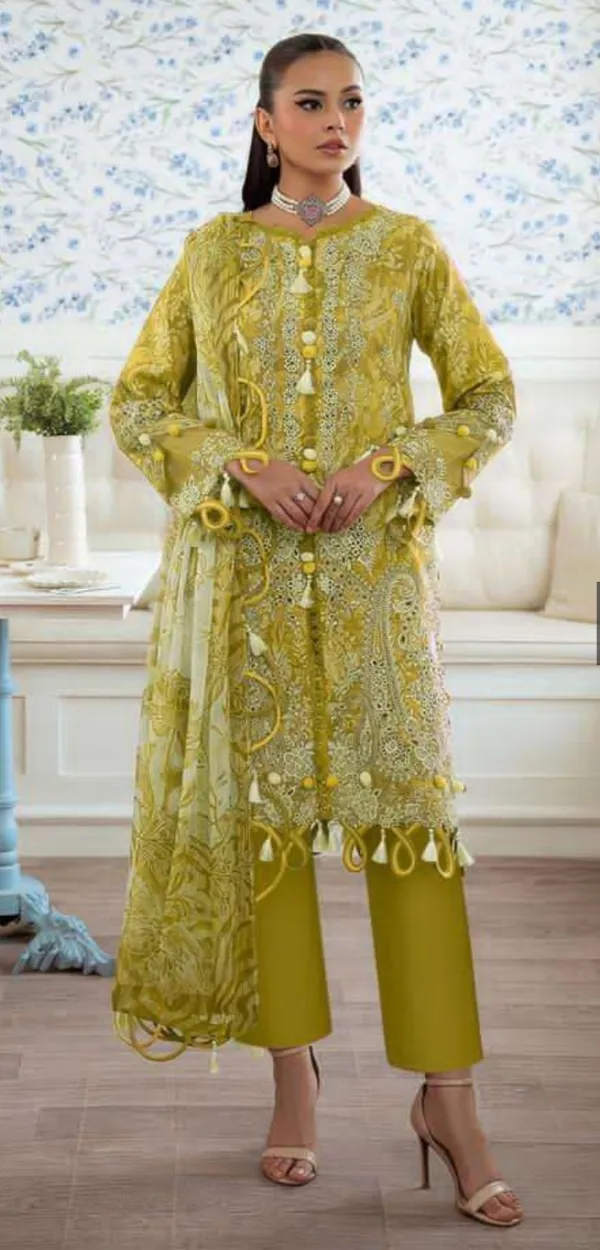 Olive_Green_Printed_Embroidered_Unstitched_Suit_Material_For_Women