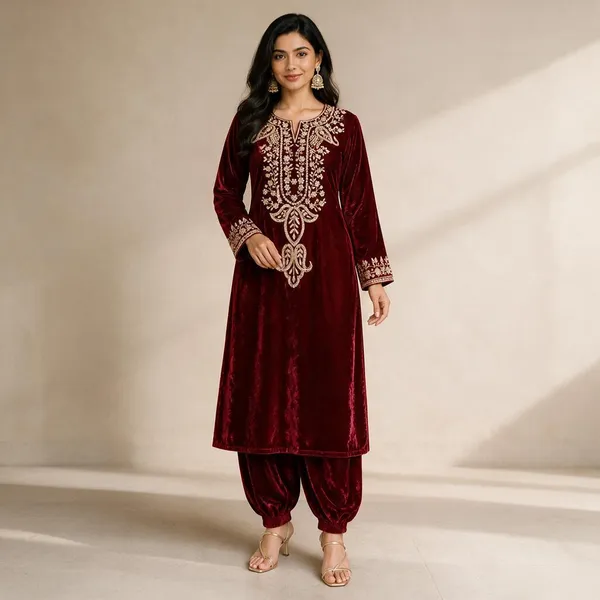 Maroon_Velvet_Embroidered_Straight_Kurta_Set_For_Women