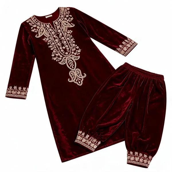 Maroon_Velvet_Embroidered_Straight_Kurta_Set_For_Women