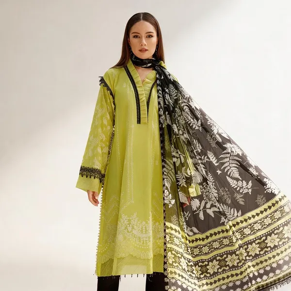 Lime_Green_Printed_Unstitched_Suit_Material_For_Women