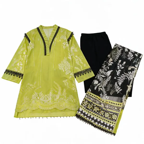 Lime_Green_Printed_Unstitched_Suit_Material_For_Women
